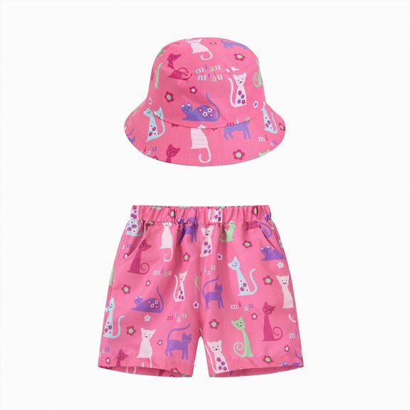 HCNTES Toddler Girl Beach Outfits Tropical Palm Tree Print Shorts and Bucket Hat 2-Piece Set Vacation Clothes