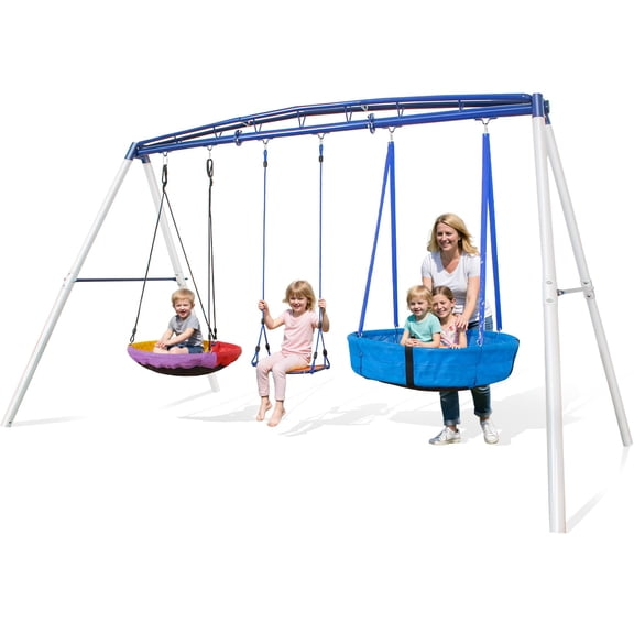 3-in-1 Heavy Duty Metal Swing Set, 800 LBS Capacity, Reinforced A-Frame Outdoor Playset with Locking Toddler Seat & Saucer Swings for Kids & Adults