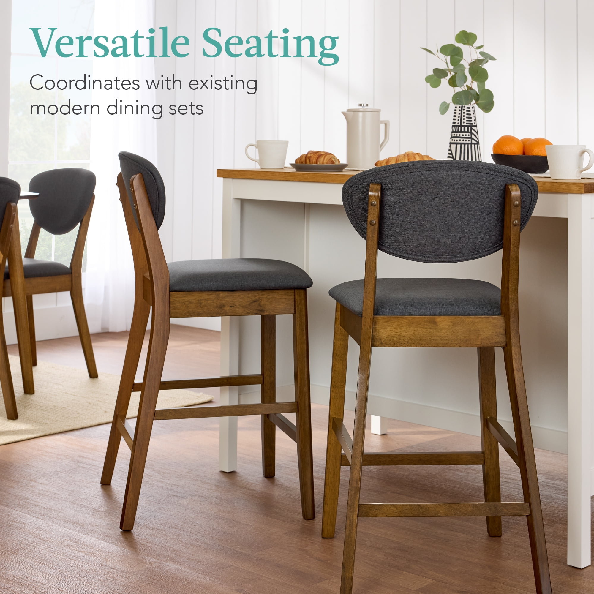 Best Choice Products Set of 2 Counter-Height Bar Stools, Armless W/Upholstered Seat Cushion & Backrest - Walnut/Charcoal