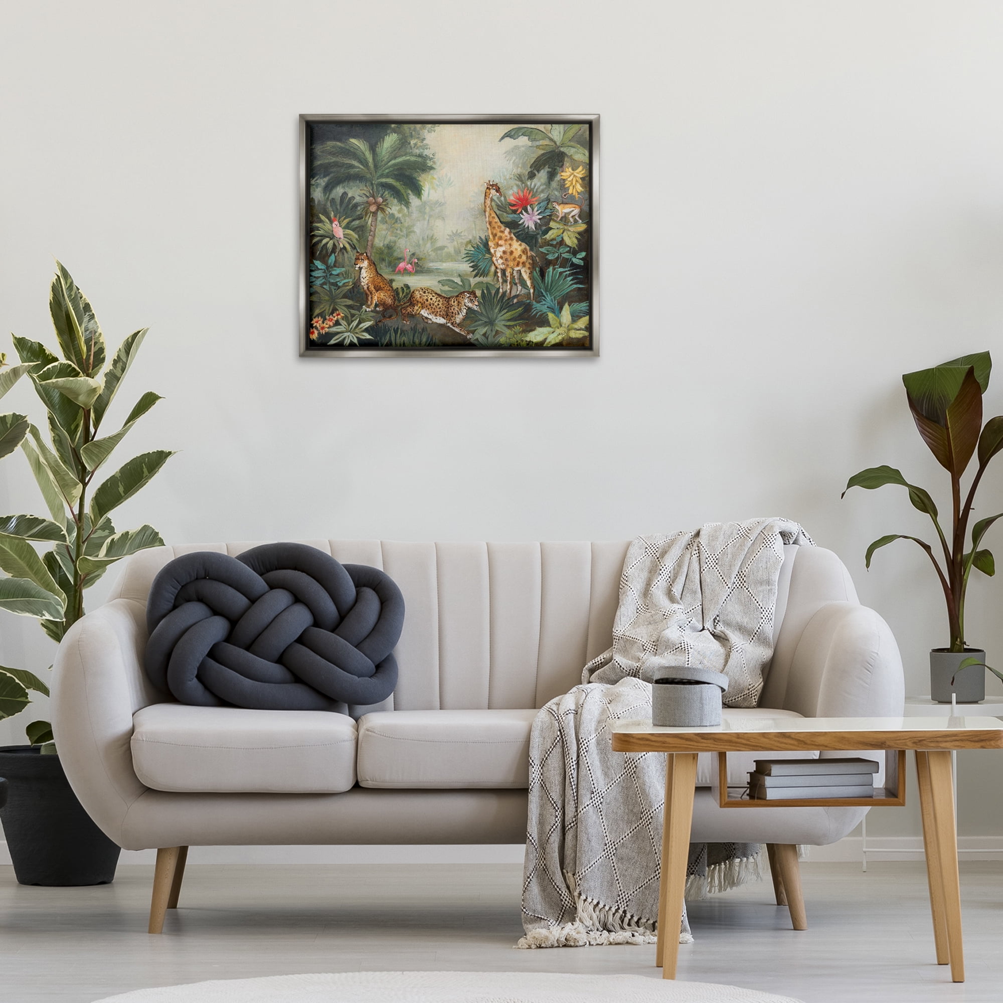 Stupell Industries Tropical Animals in Jungle Landscape Painting Gray Floater Framed Canvas Art Print Wall Art, 31 x 25