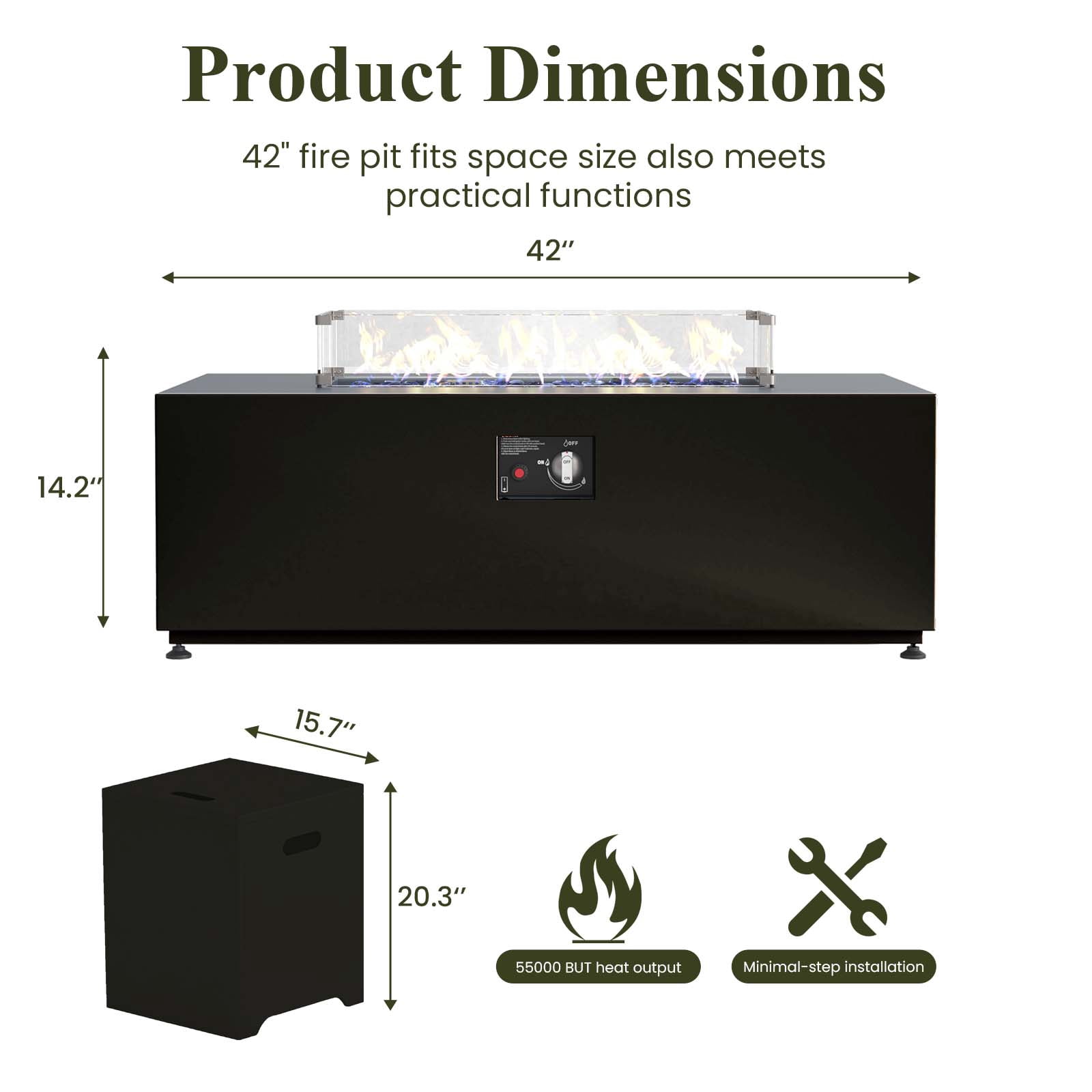 LayinSun 42 Inch Outdoor Fire Pit Table for Outside Patio, 55000BTU Rectangle Propane Firepit with Hidden Fuel Tank, Glass Wind Guard, Waterproof Cover and Lid