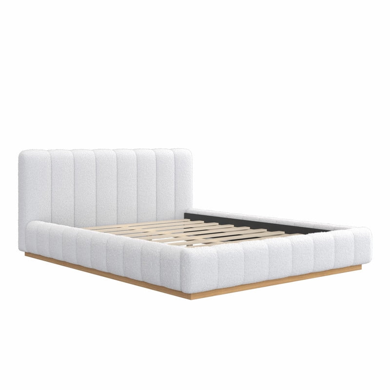 Queen Size Boucle Upholstered Bed Frame, Low Profile Wooden Platform Bed, No Box Spring Needed Floor Bed with Padded Headboard