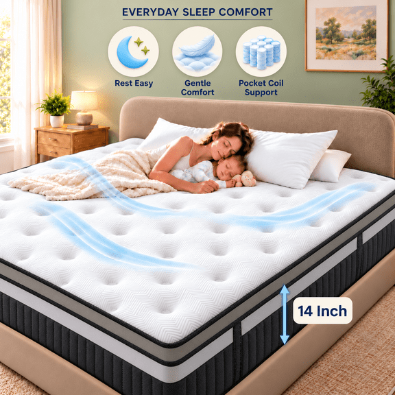 14 Inch Queen Mattress, Queen Size Mattress, Queen Hybrid Mattress with Cooling Memory Foam, Hundreds of Independently Encased Coils, Medium Firm Support, Motion Isolation, Mattress in a Box