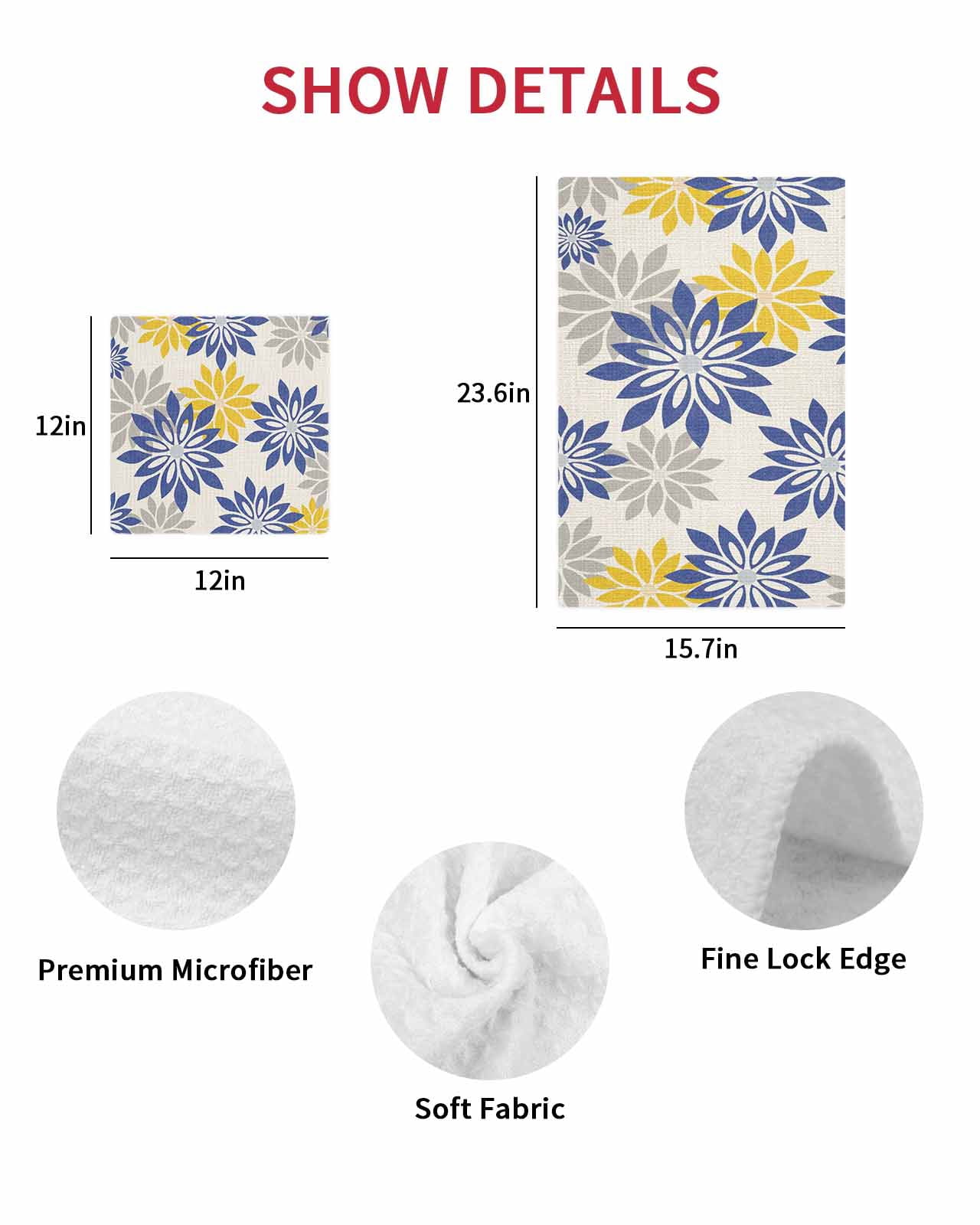 Geometric Flower Kitchen Dish Towels for Drying Dishes Set of 3, Vintage Country Floral Blue Yellow on Linen Waffle Weave Microfiber Hand Tea Bathroom Towels Quick Dry & Absorbent Towel 15.7x23.6