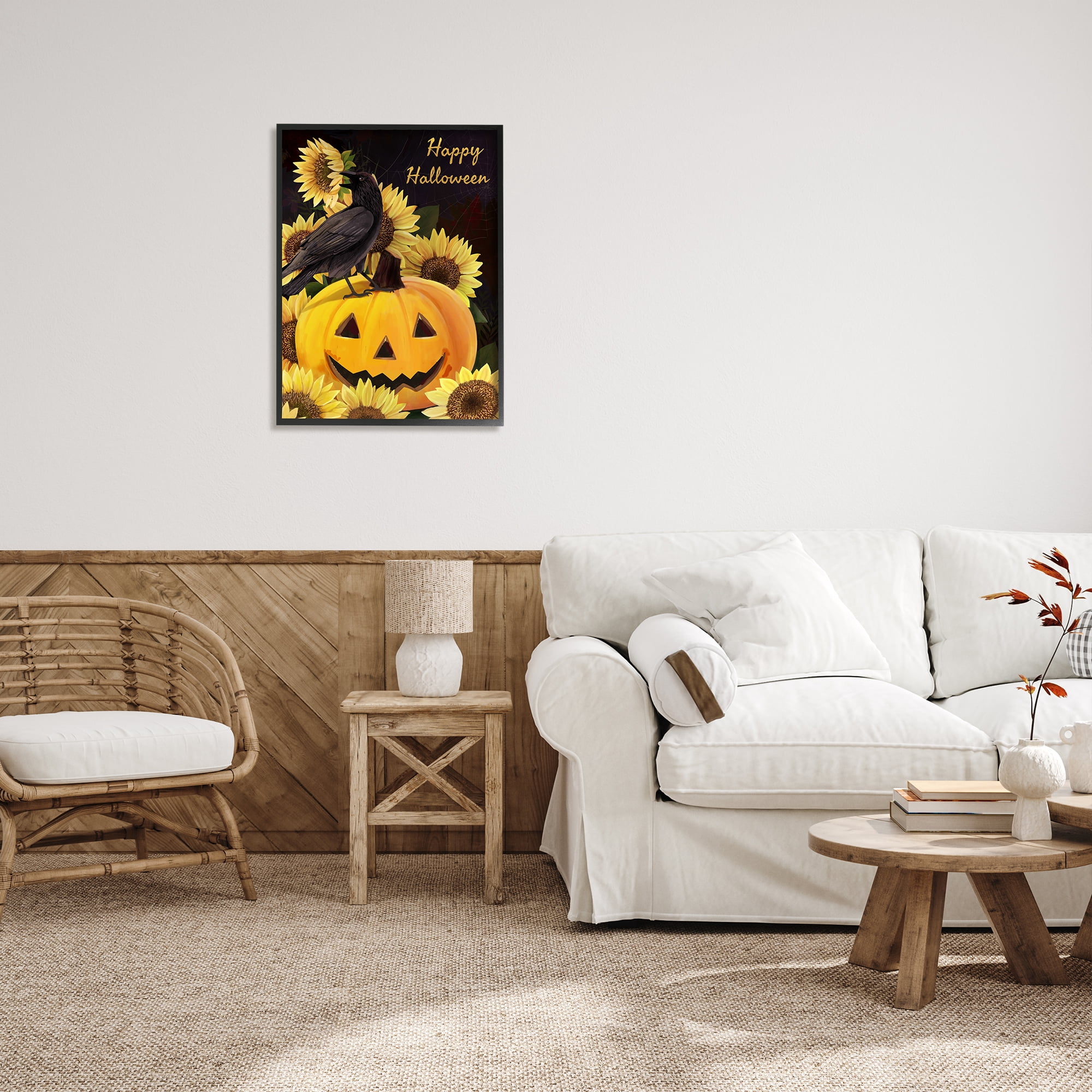 Stupell Industries Crow on Jack-o-Lantern Holiday Painting Black Framed Art Print Wall Art, 24 x 30