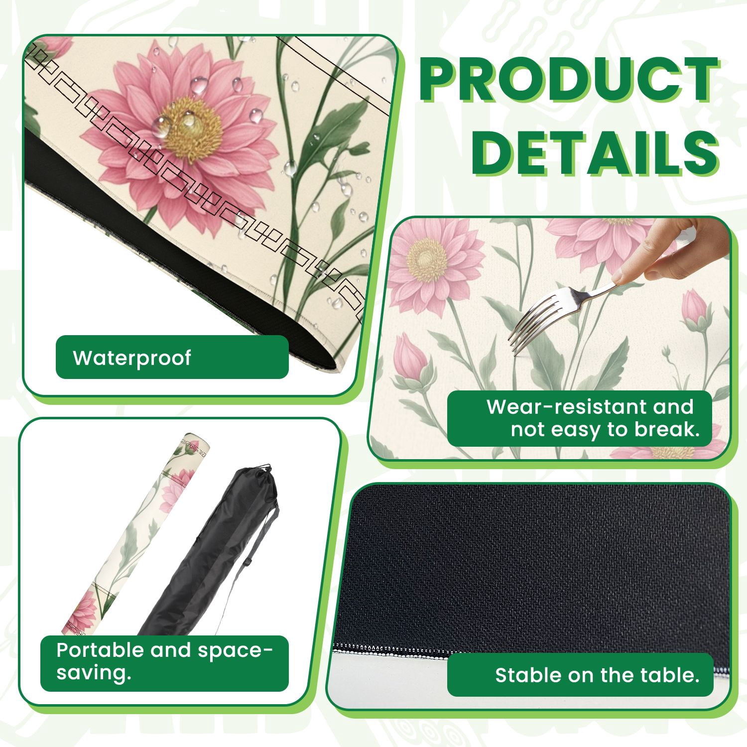 Mahjong Mat 31.5" x 31.5" Pink Chrysanthemum Floral Green Leaves Cream Non-Slip Noise Reduction American Mahjong Tiles Table Cover for Dominoes Poker Card Board Games Gift