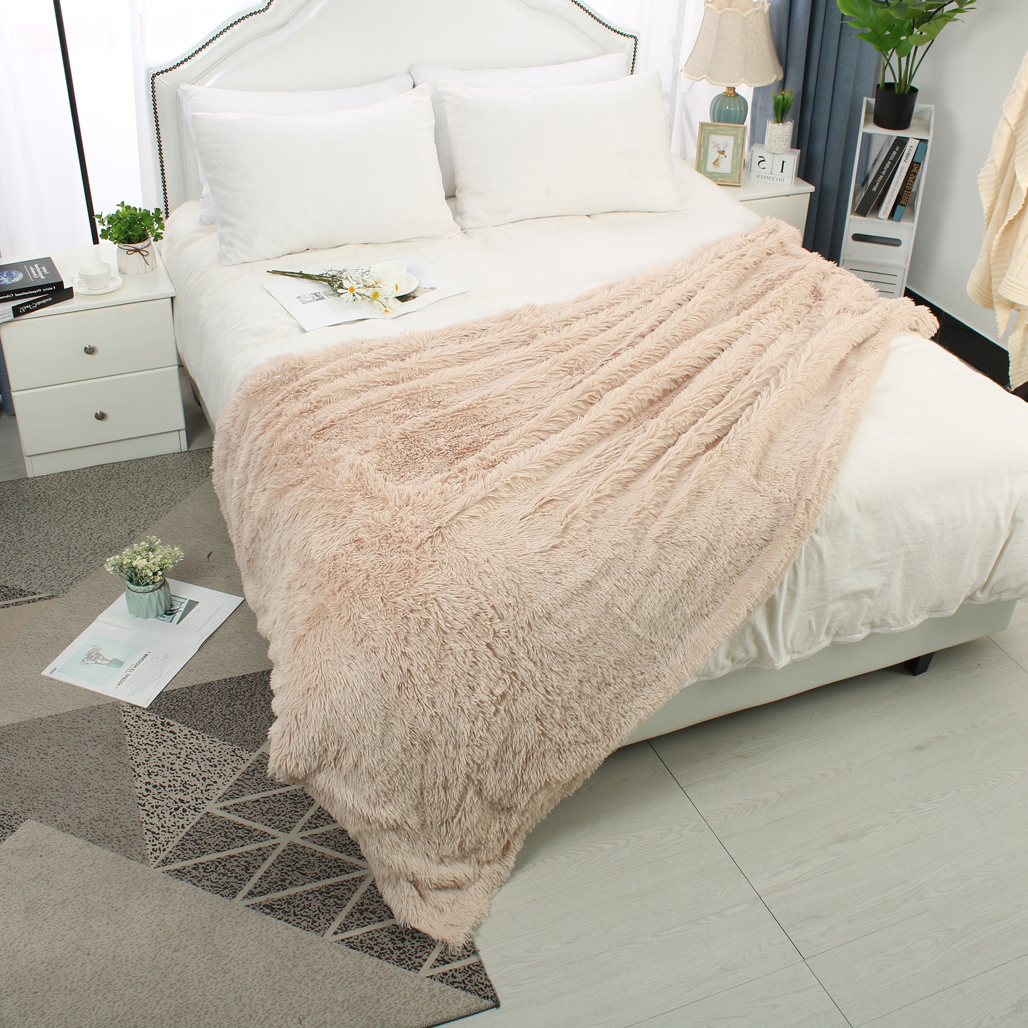 Soft Decorative Long Shaggy Faux Fur Throw Blanket 50"x 60",Camel Color