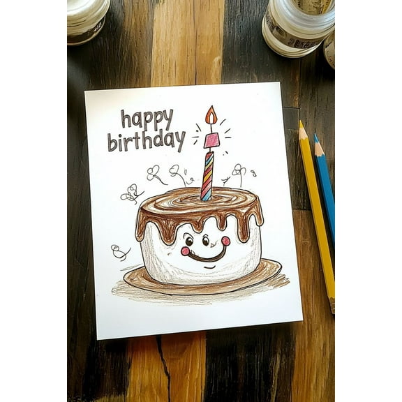 Happy Birthday Cake Card – Cute Hand-Drawn Design with Smiley Face and Candle – Ideal Greeting Card for Birthday Celebrations with Blank Inside for Personal Messages