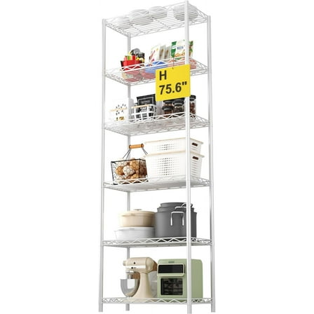 6-Tier Wire Shelving, 6 Shelves Unit Metal Storage Rack, Durable Organizer, Perfect for Pantry Closet Kitchen Laundry Organization (White)