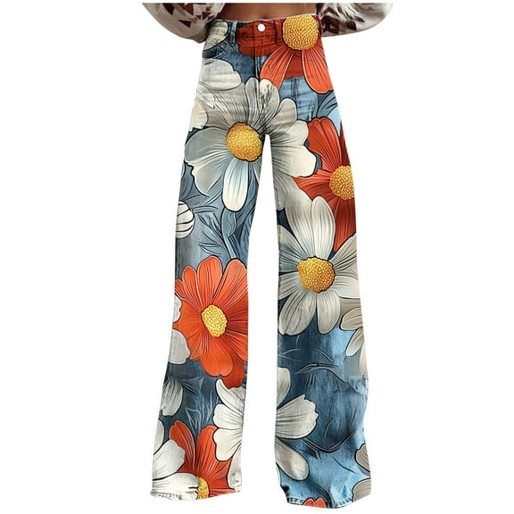 Delliss Women's Imitation Denim Print Wide leg Pant Casual Long Pants