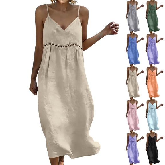 Vivianyo HD Women's Spaghetti Strap Maxi Dress, V-Neck Crochet Trim Flowy Long Dress, Women's Beige, Sizes S-3XL