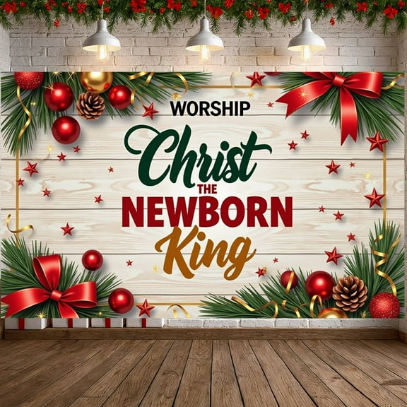 Red Decorative Christmas Banner Gold Stars Nativity Display Pine Branches Red Bows Christ Backdrop for Church Events Family Gatherings Christmas Parties