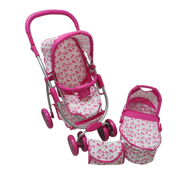 carriola para muñeca accesorio the baby shop con llantas soft eva anti-ruido y resistentes rosa. Vista 3/4 de carriola convertible con chasis metálico plateado y textiles rosas con diseño de cerezas (el diseño de tela puede variar); manubrio acolchado ajustable de 57 a 44 cm, asiento y moisés intercambiables, visera plegable, 6 llantas de soft EVA silenciosas y bolsa a juego.