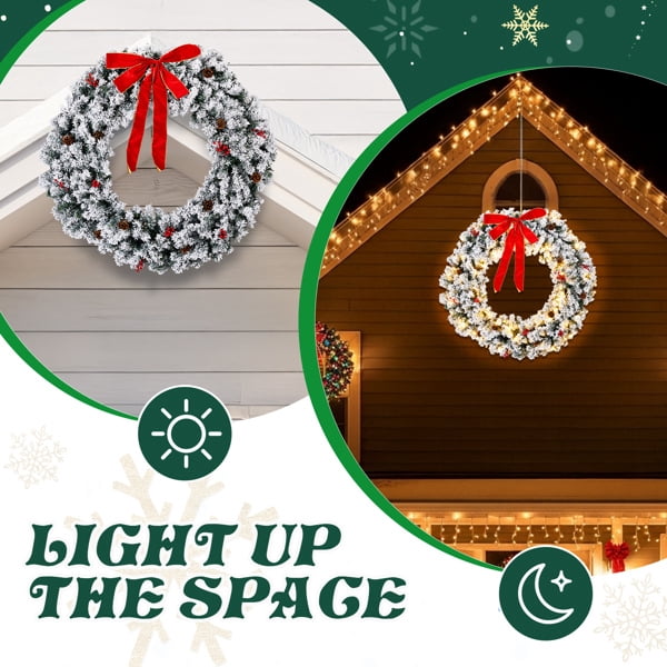 Alvantor 48 in Pre-Lit Snow-Flocked Christmas Wreath, 150 Warm White LED Lights, 450 PVC Tips, Remote Control, DIY Ornaments, Snowy Green