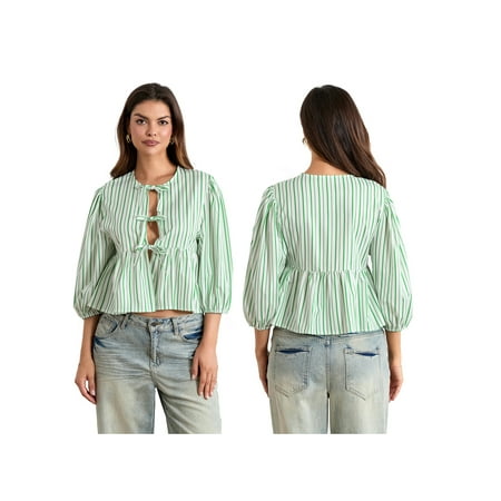 Biezeib Women s Striped Babydoll Tops Loose Fitting Round Neck Open Front Tie-Up Half Sleeve Ruffled Blouse for Summer