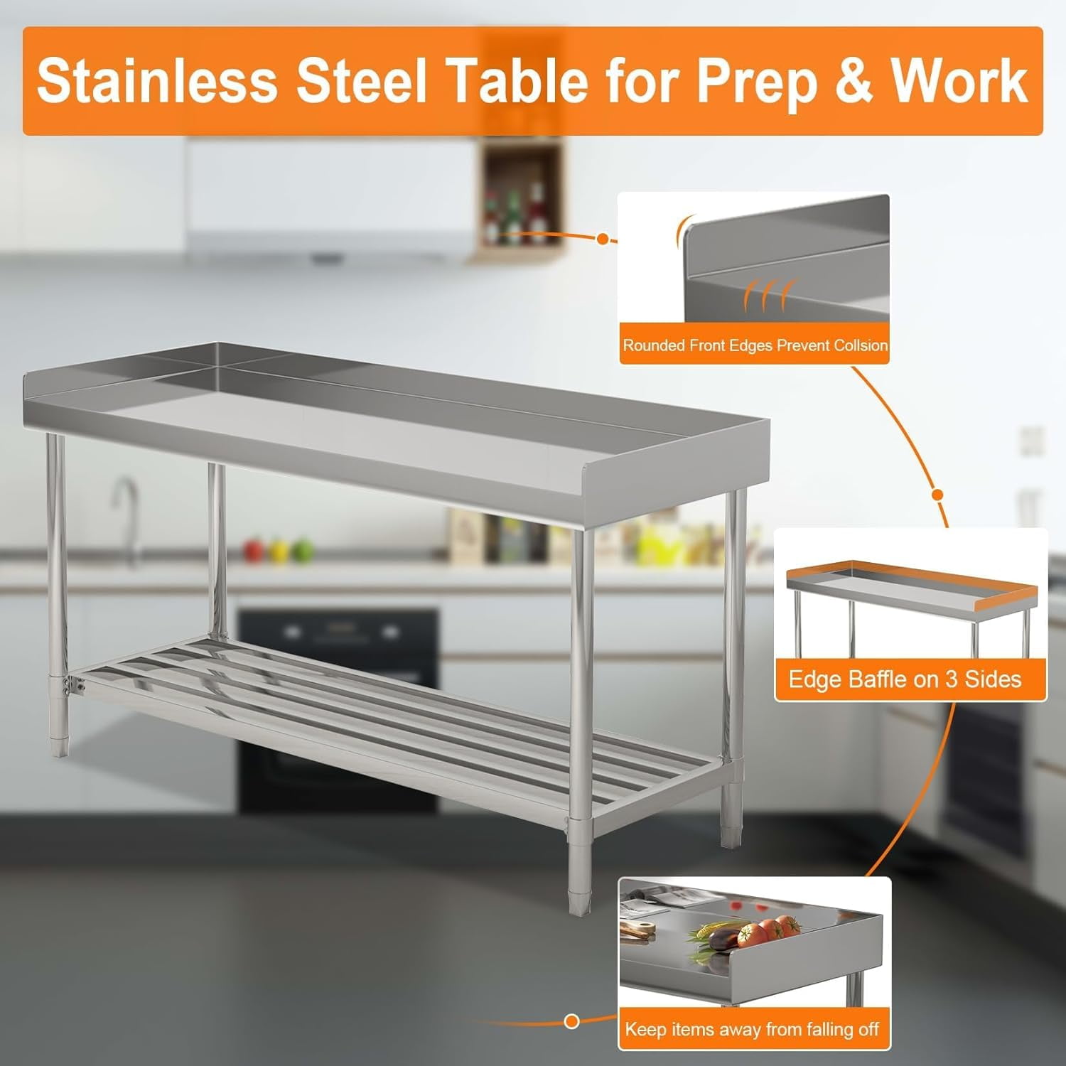 HELLONE 48 x 24 IN Stainless Steel Work Table, Commercial Prep Heavy-Duty Stainless Steel Kitchen Island with Backsplash and Undershelf, for Kitchen Restaurant Home and Hotel