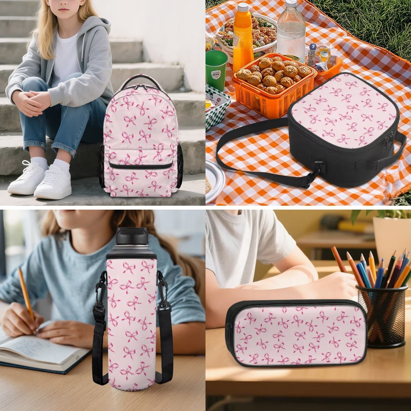 Pzuqiu Pink Bow Print Backpack for Girls 5 Piece School Bookbag with Lunch Bag Lightweight School Bag for Girls 10-12 Elementary Backpack with Water Bottle Holder Pencil Box