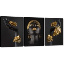 Hieng 3 Panels Abstract Black Woman Wall Art Modern American African Canvas Prints Painting for Living Room Bedroom Office - 12"x16"x3pcs