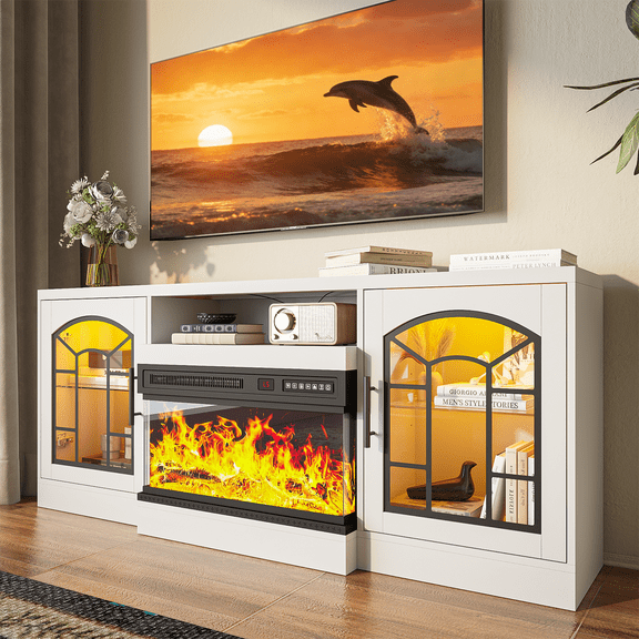 Waleaf 60" TV Stand with 3-Sided Glass Electric Fireplace, Modern Media Entertainment Center for TVs up to 65", Slim Wood Console with 21-Mode LED Lights & Adjustable Shelves