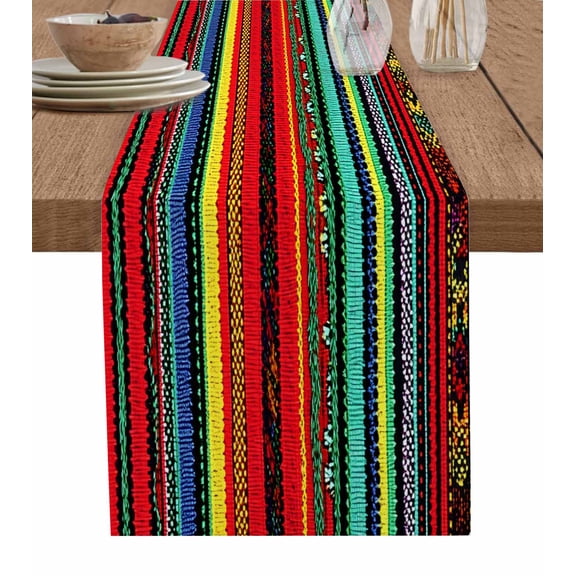 Boho Colored Stripes Table Runner 36 Inches, Vintage Green Red Blue Tribal Bed Runner Dresser Scarves Tabletop for Indoor Outdoor Parties/Ceremony/Banquet, 13"x 36"