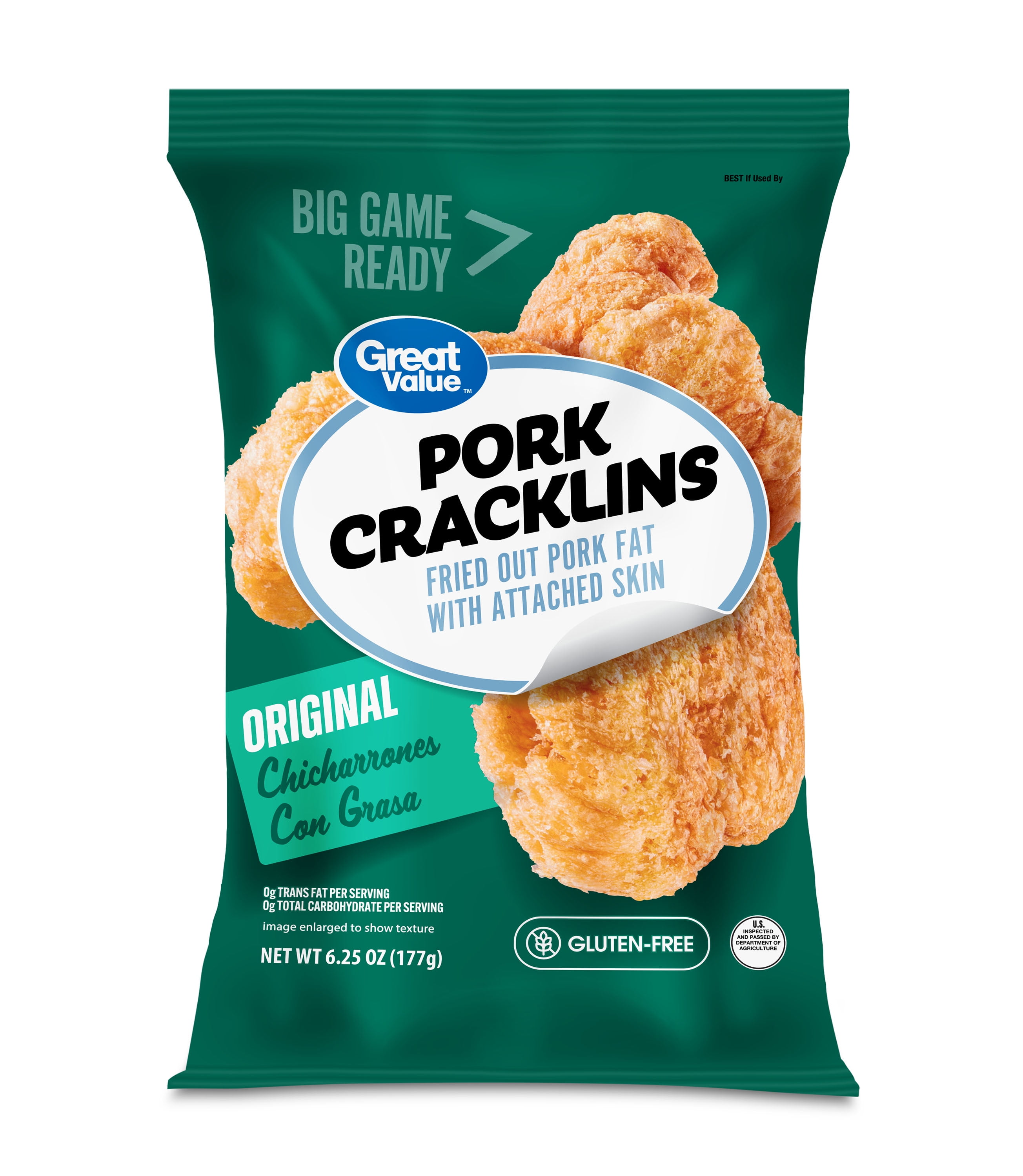 (2 pack) Great Value Original Chicharrones Con Grasa Fried Pork Cracklins, 6.25 oz