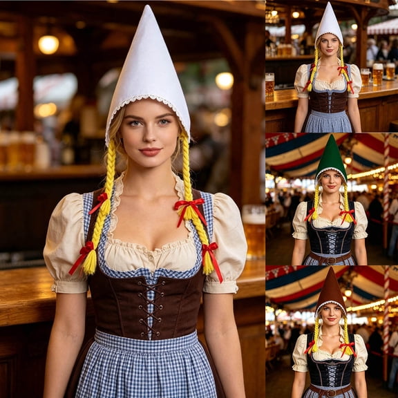 Women Oktoberfest Pointed Hat Bavarian Costume Hat Cone Nonwoven Cap with Blonde Braids for Women Party Dress Up