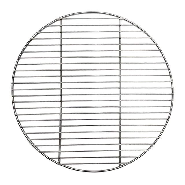 parrilla redonda de acero inoxidable de 30 cm/35 cm/40 cm para barbacoa, bandeja para hornear, ideal para camping, picnic y jardín. Vista cenital de una parrilla circular de acero inoxidable pulido con varillas horizontales uniformes, dos barras verticales de refuerzo y malla abierta para distribución de calor; disponible en diámetros 30, 35 y 40 cm; su tamaño la hace adecuada para asados al aire libre y camping.