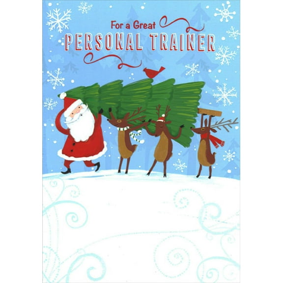 Designer Greetings Santa and Reindeer Carrying Tree Personal Trainer Christmas Card
