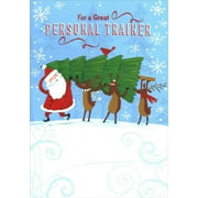 Designer Greetings Santa and Reindeer Carrying Tree Personal Trainer Christmas Card