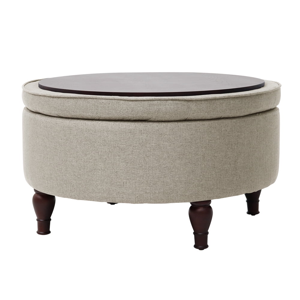 Abble 32" Beige Fabric Upholstered Buttons Tufted Round Storage Cocktail Ottoman