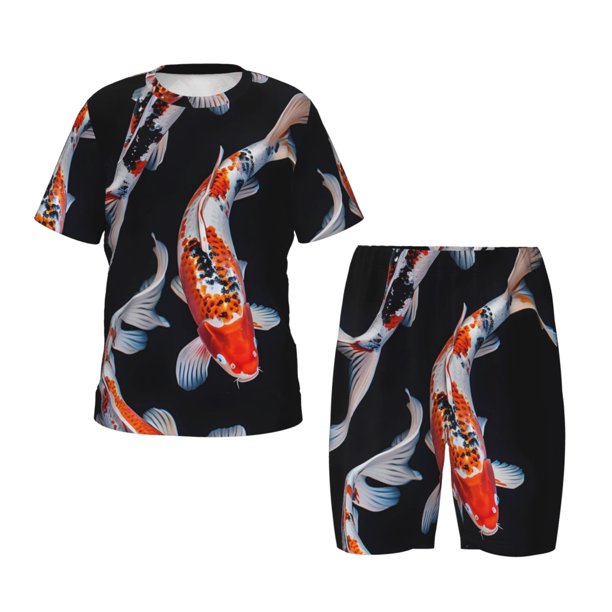 Balery Tricolor Koi Fish Trio Conjunto de Pijama Infantil de Manga Corta con Estampado – Ropa de Dormir de Algodón Suave-Small