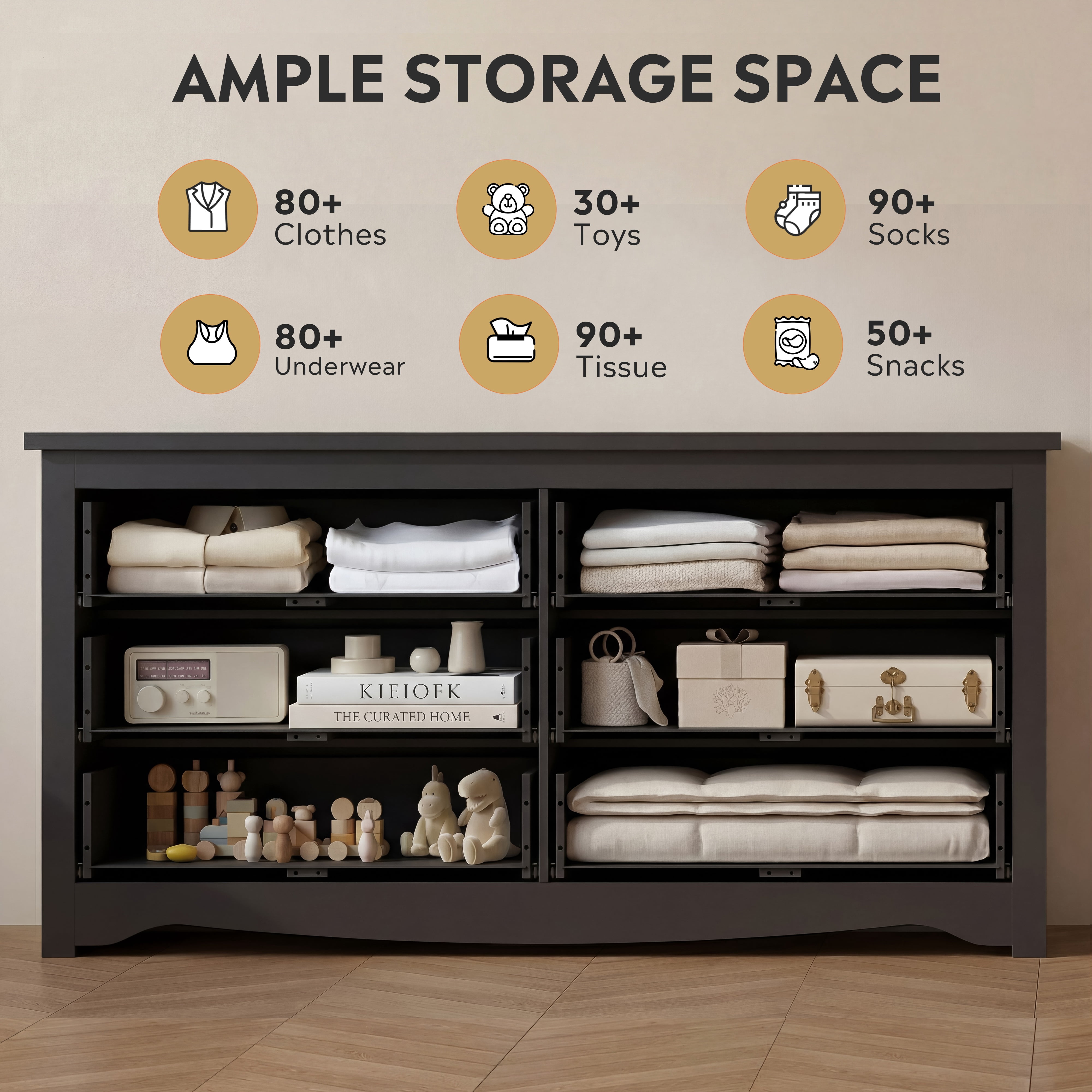 GALAXHERO Modern Wood Dresser with 6 Drawers – Wide Storage Chest for Bedroom, Living Room, Closet, Hallway – Large Organizer Nightstand Unit, 59”W, Black