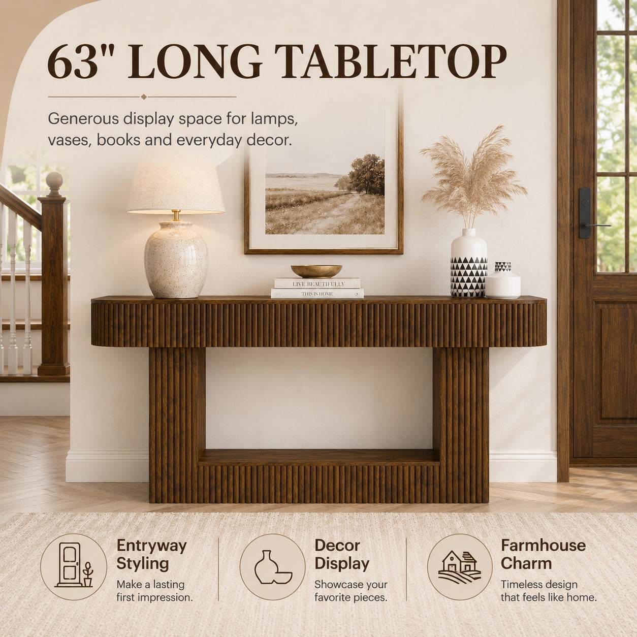 Aukfa 63" Fluted Console Table, Modern Farmhouse Entryway Table Narrow Sofa Table Behind Couch, Walnut
