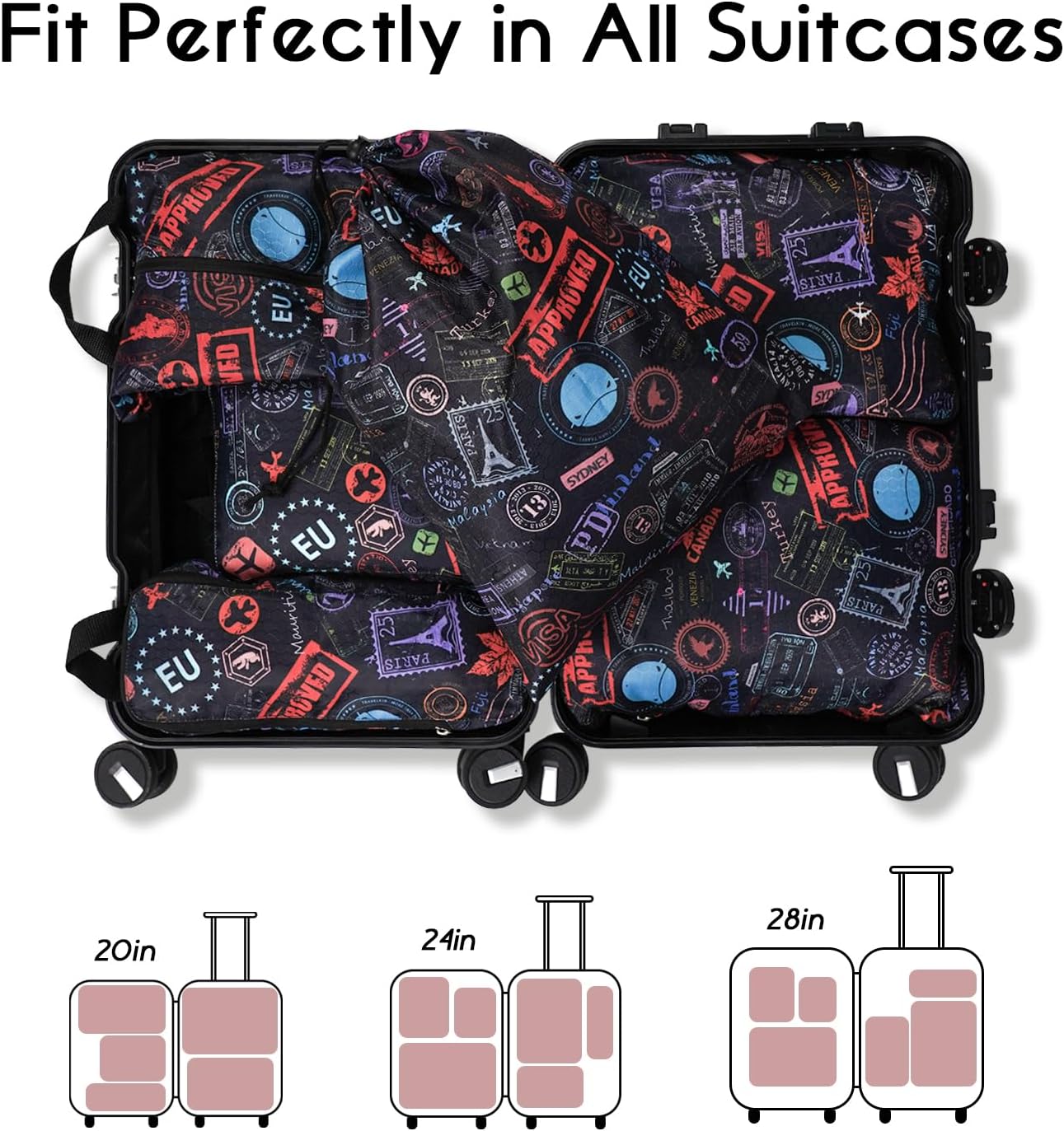 6 Set Compression Packing Cubes for Travel,Packing Cubes for Suitcase Luggage Organizer Bags,Travel Essentials for Carry on Backpack,Ultralight and Waterproof (World Marks Black)