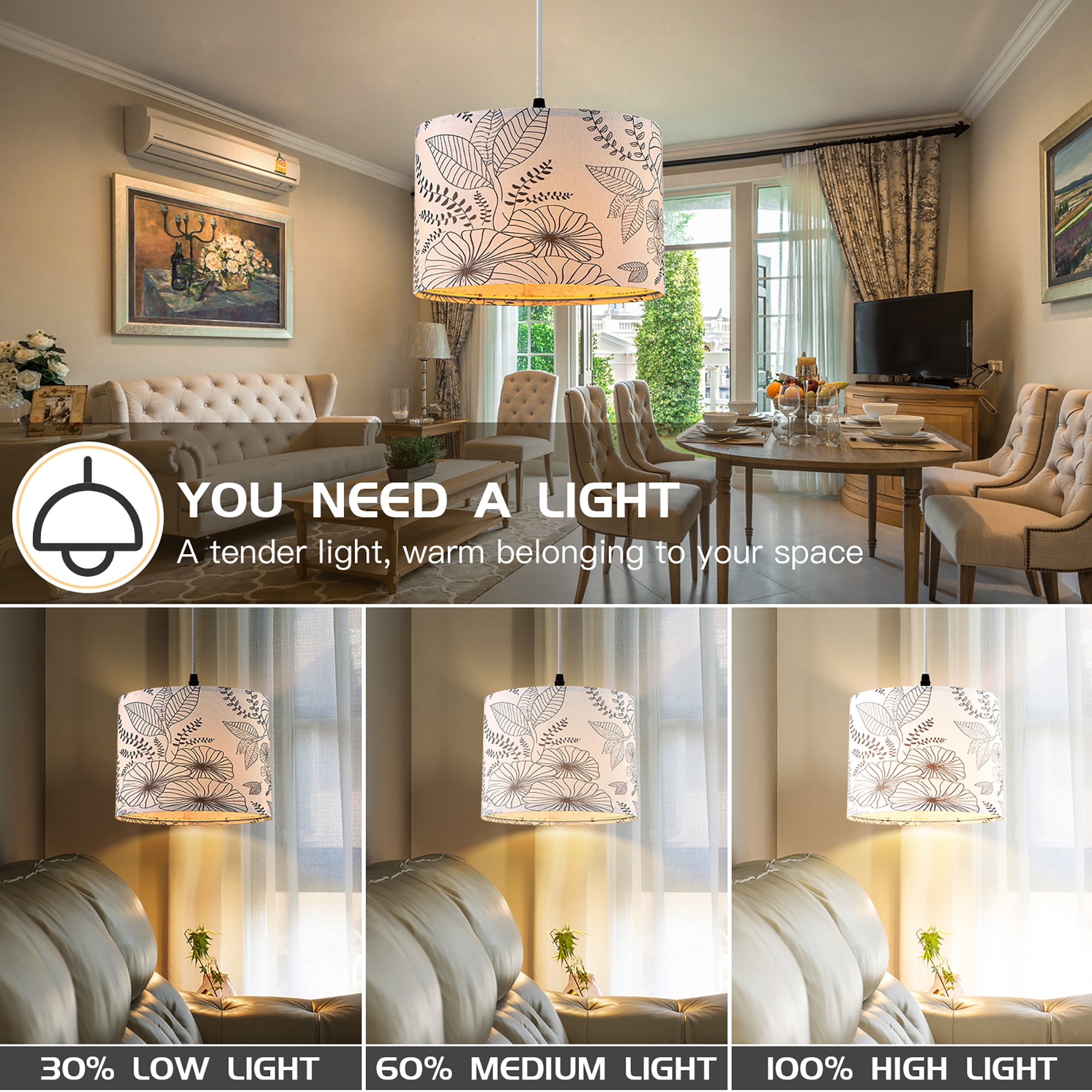 Cinkeda Plug in Pendant Light Dimmable Floral Hanging Lamp with Shade for Kitchen Island Bedroom Living Room(Bulb Included)