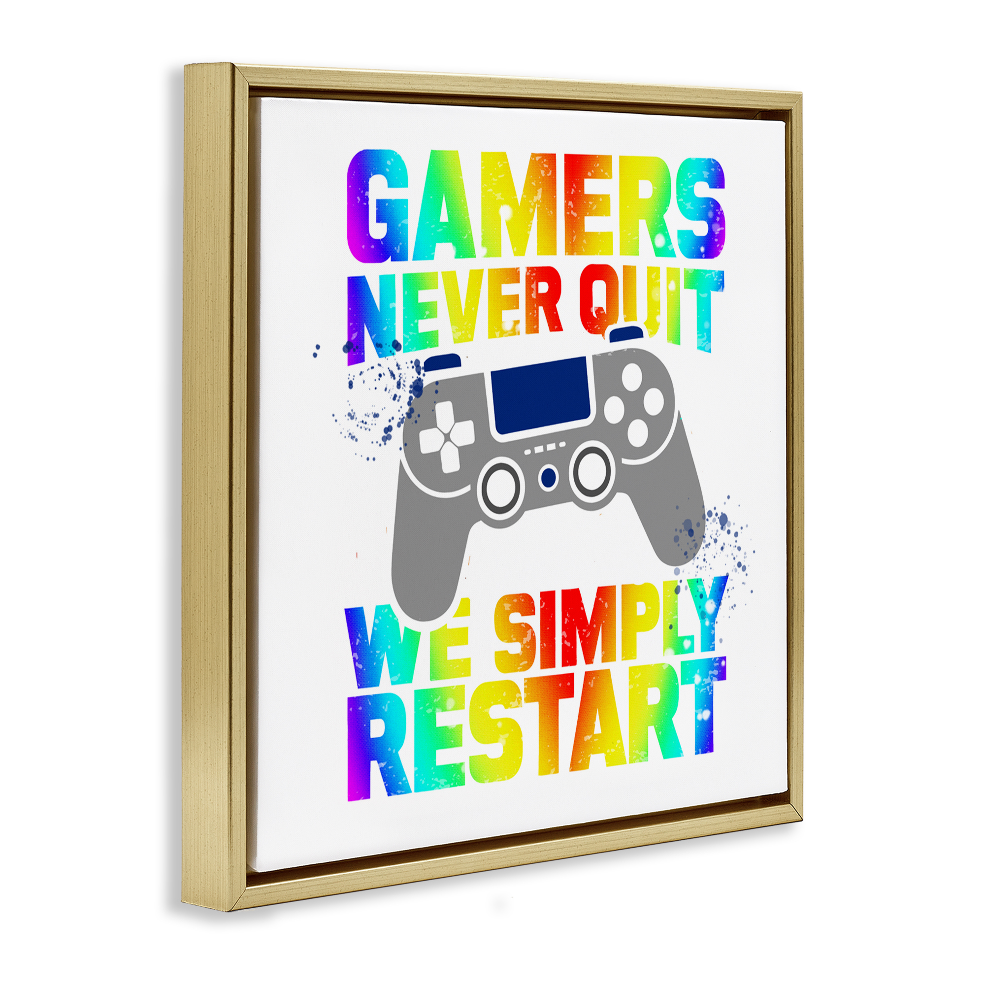 Rainbow Gamers Never Quit Gold Framed Floater Canvas Wall Art, design by Kim Allen