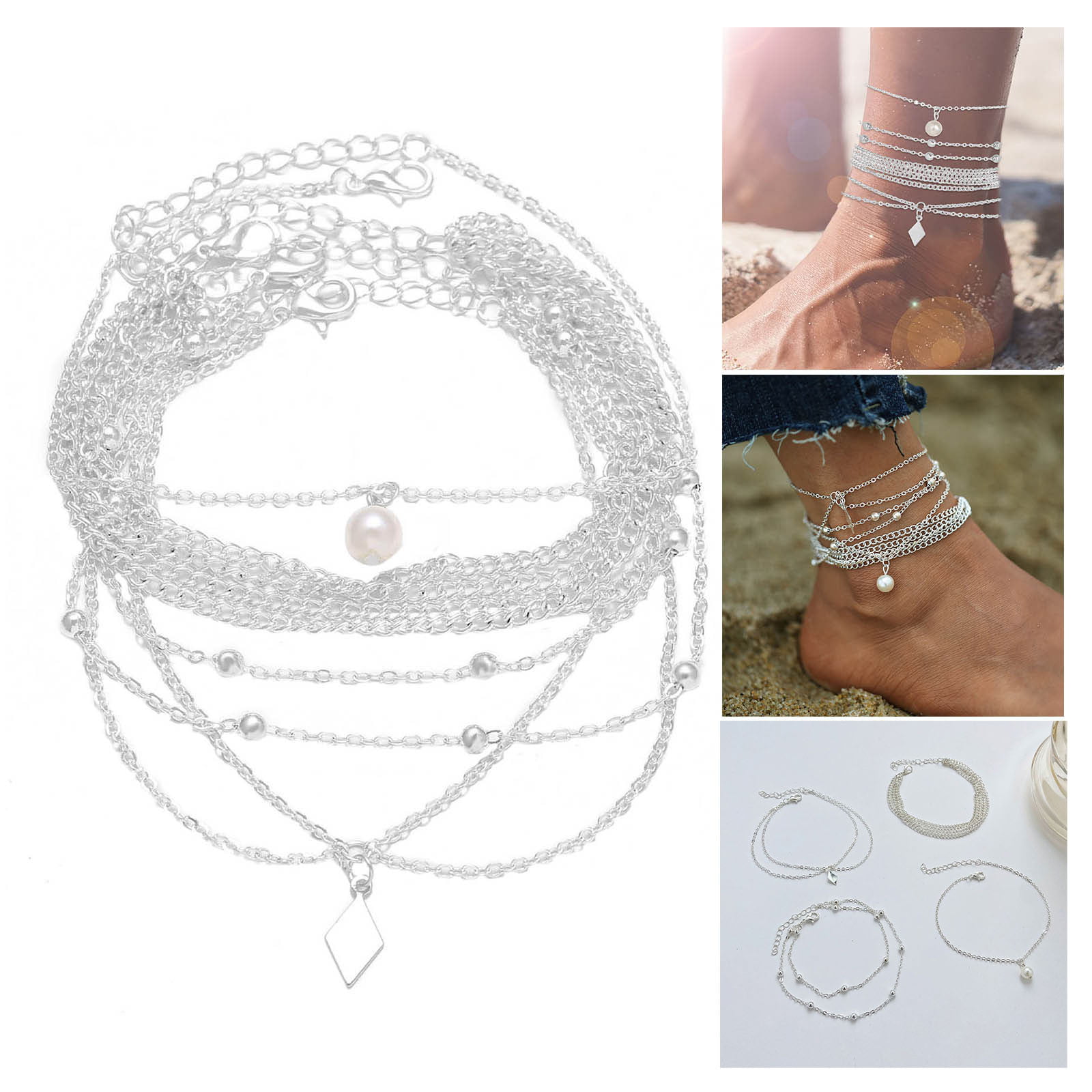 Multi-layer Women Ankle Bracelet Silver Heart Anklet Foot Chain Boho Beads Gift 