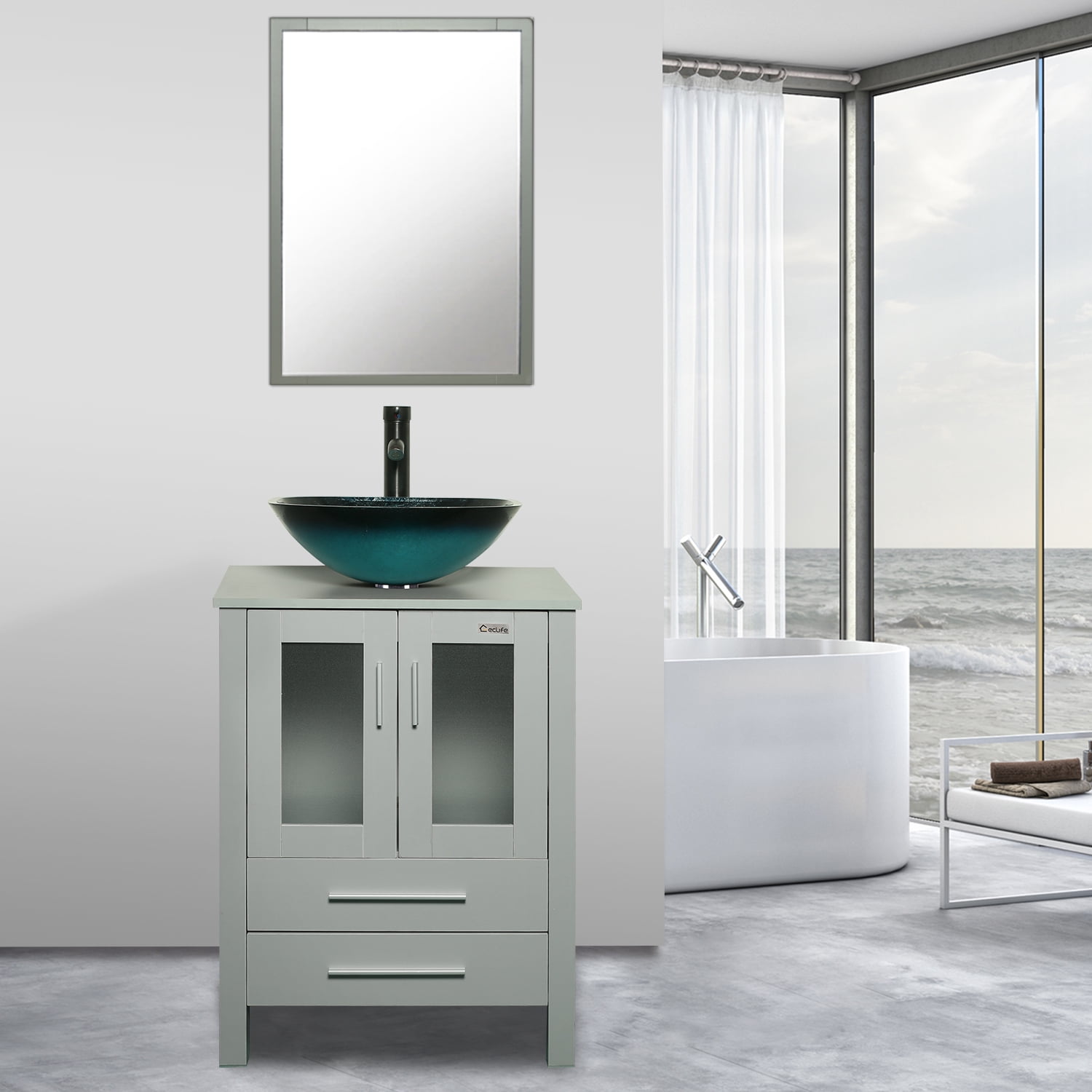 Eclife 24" Gray Bathroom Vanity Set with Wood Top,Green Glass Sink, Water Saving Faucet, Pop up Drain Combo