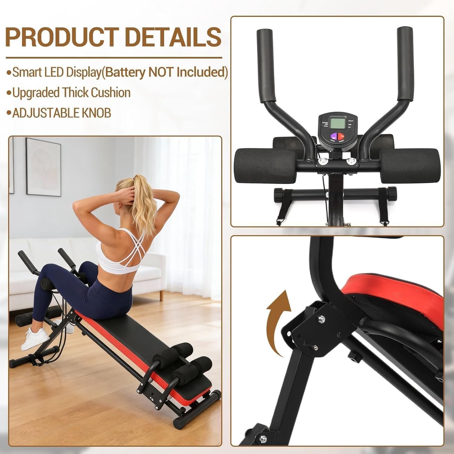 Ataujin  Weight Bench for Home Gym, 2-in-1 Ab Workout Bench and Glider, Foldable Core Abdomen Trainer with LCD Display, Sit UP, Push UP, Leg Raise, Foldable and Compact