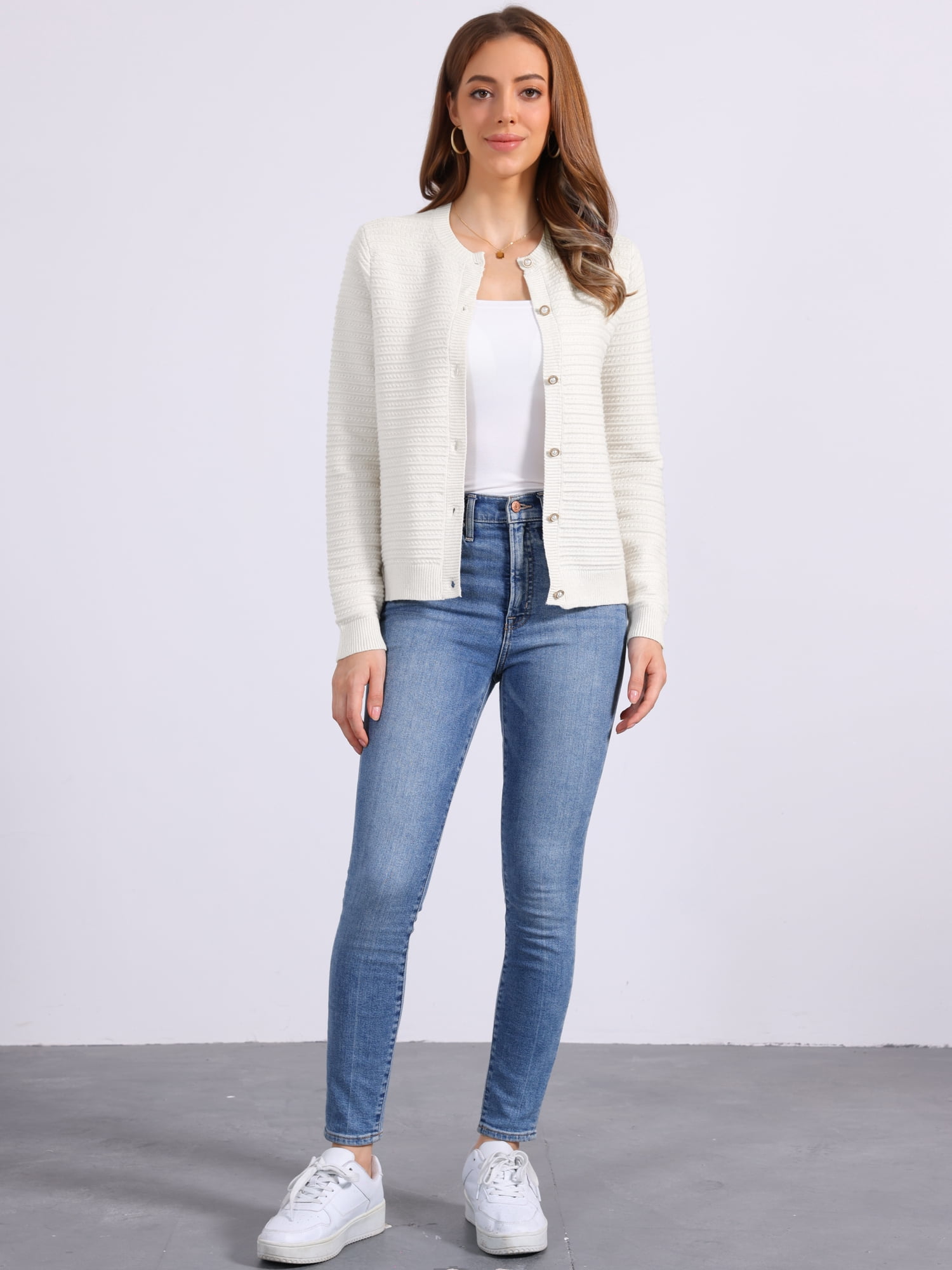 DARING DIVA Women's Crew Neck Long Sleeve Open Front Button Down Cardigan XL Apricot