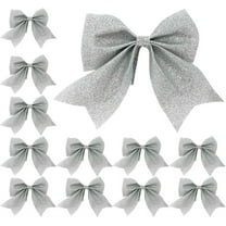 Christmas Bows 24 Pcs 5.5'' Christmas Tree Bow Glitter Small Xmas Decorative Sequin Ties, Silver Wreaths Bows Bow Ornaments for Christmas Home Party