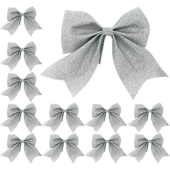 Christmas Bows 24 Pcs 5.5'' Christmas Tree Bow Glitter Small Xmas Decorative Sequin Ties, Silver Wreaths Bows Bow Ornaments for Christmas Home Party