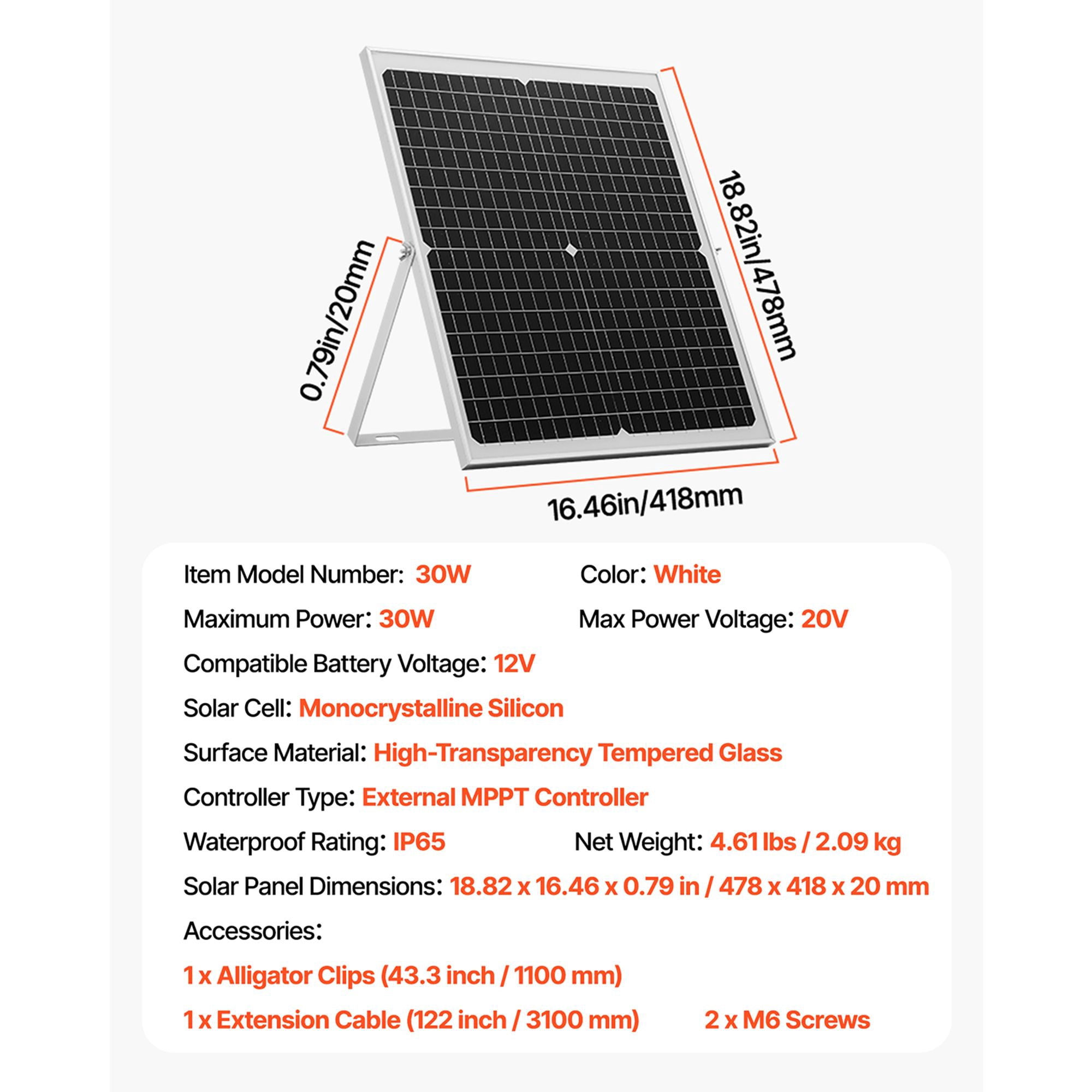 30W 12V Solar Panel Battery Charger, Monocrystalline, MPPT Controller, IP65 Waterproof, Adjustable Mount Bracket, for Car, RV, Boat, Motorcycle & Gate Opener