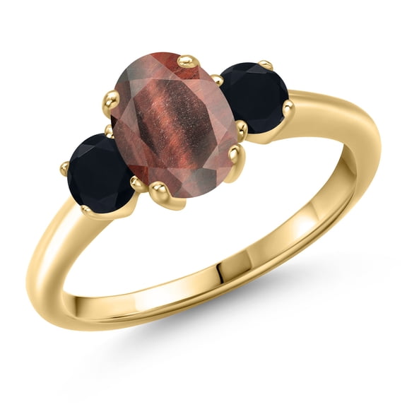 Gem Stone King 10K Yellow Gold Red Tiger Eye and Black Onyx Engagement Ring for Women | 1.69 Cttw | Oval 8X6MM | Gemstone Birthstone | Size 5