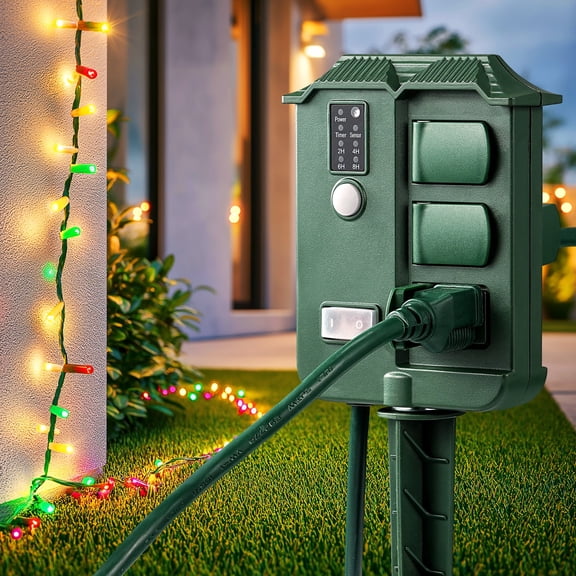 DEWENWILS Power Stake Outdoor Light Timer, 6FT Extension Cord, 6 Grounded Outlets, Waterproof, Photocell Dusk to Dawn Light Timer for Christmas Lights, Green