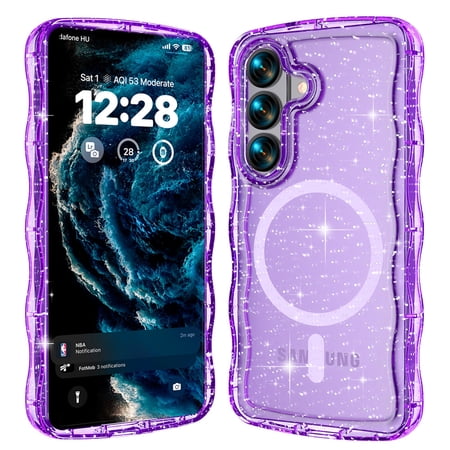 Dteck Magnetic Case for Samsung Galaxy S26+ ,Shockproof TPU+PC Compatible with Mag Safe Case Sparkly Bling Glitter Cute Wave Edge Cover,Purple