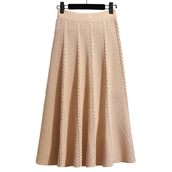 comerut Women Fall Winter Skirt High Waist Elastic Waist Solid Color Knitted A-line Big Swing Warm Soft Thick Commute Midi Skirt