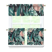 Kitchen Curtains Set of 3 for Small Window, 27.5x24 Inch Tropical Palm Tree and Hibiscus Polyester Drapes with Valance and Tiers
