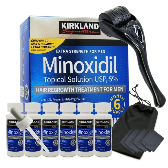 KS Minoxidil 5% with Derma Hair roller, carrying pouch and microfiber wipes.