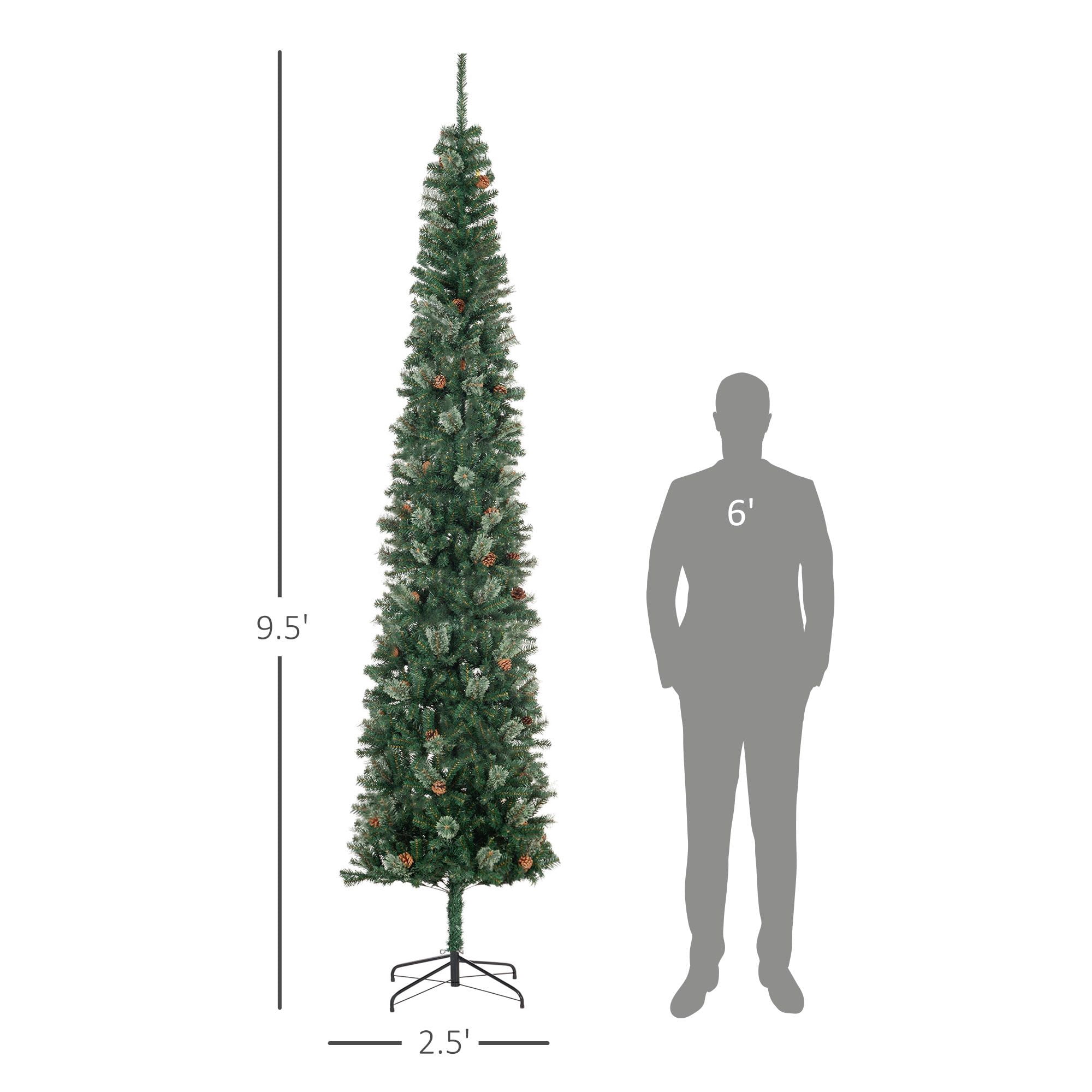 9.5 ft Pencil Christmas Tree, Slim Artificial Xmas Tree with Realistic Branches, Pine Cones and Metal Base, Unlit Holiday Decoration for Indoor Spaces